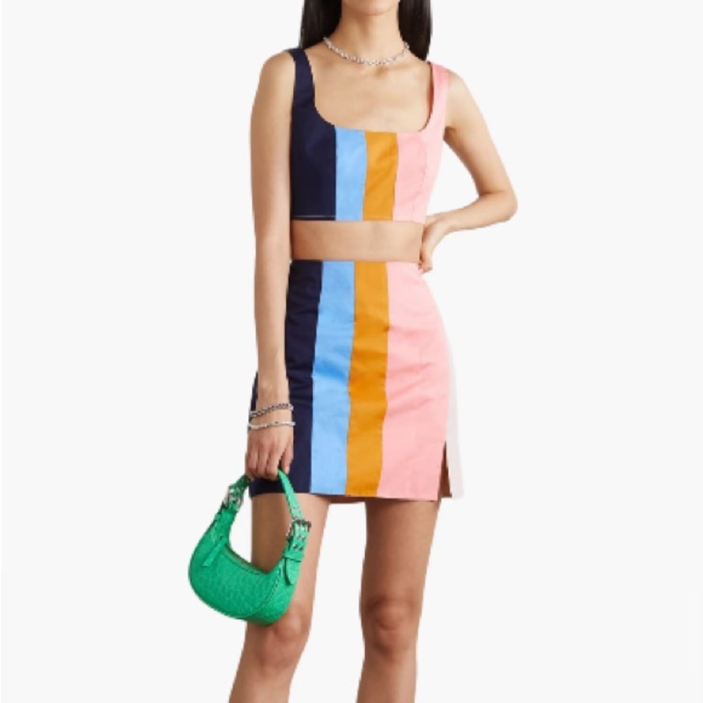 New Staud Wells Cropped Striped Cotten-blend Poplin Top and Mini Skirt Set